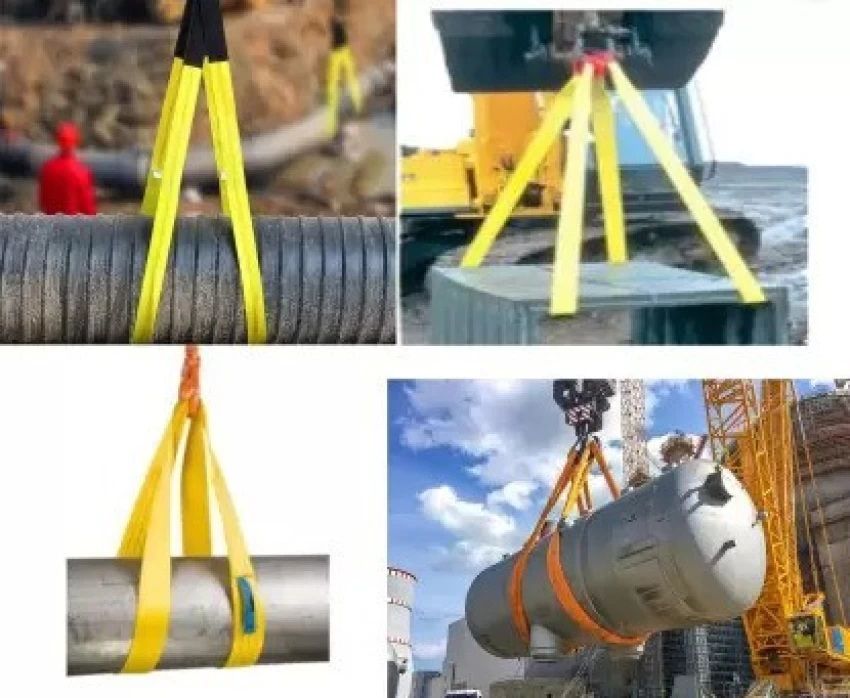 Yellow lifting slings securing heavy industrial loads on a crane hook, including a steel coil and tank.