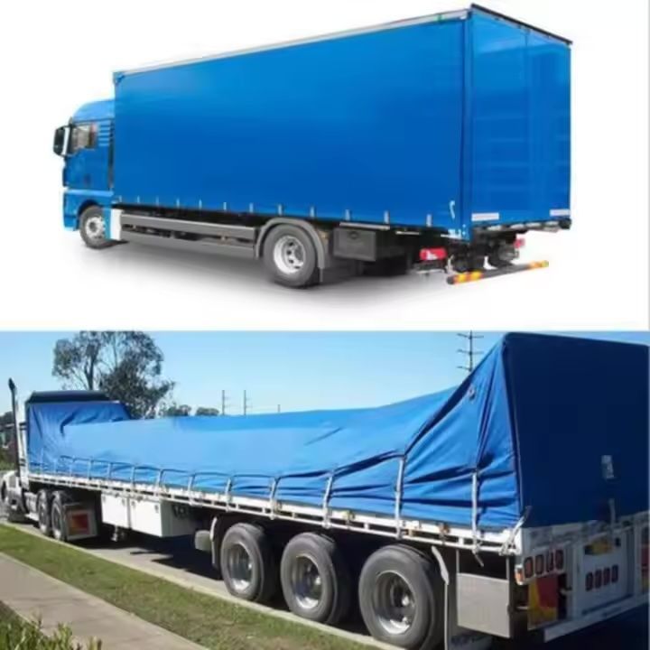 Blue cargo truck with a covered trailer on a road, shown from side views