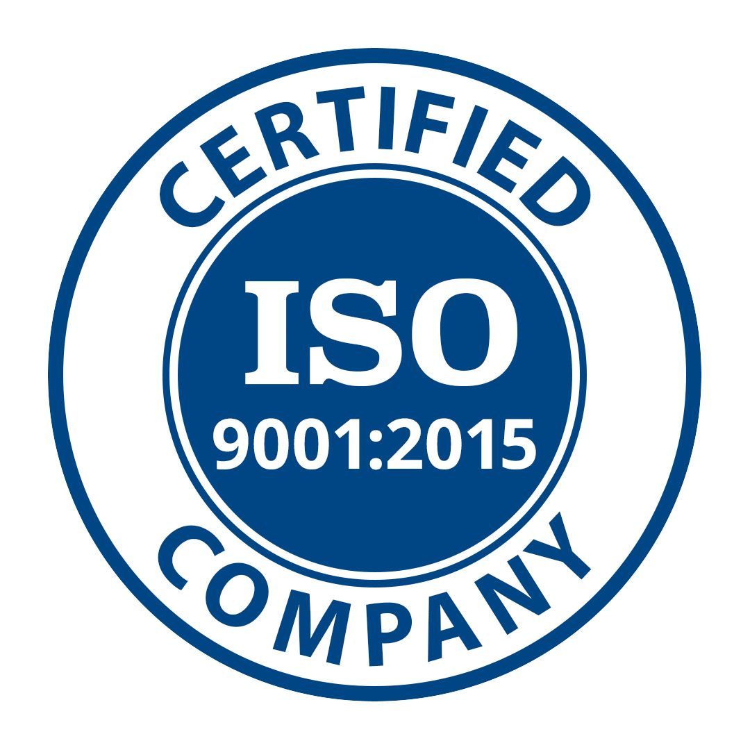 A blue and white certified iso company logo