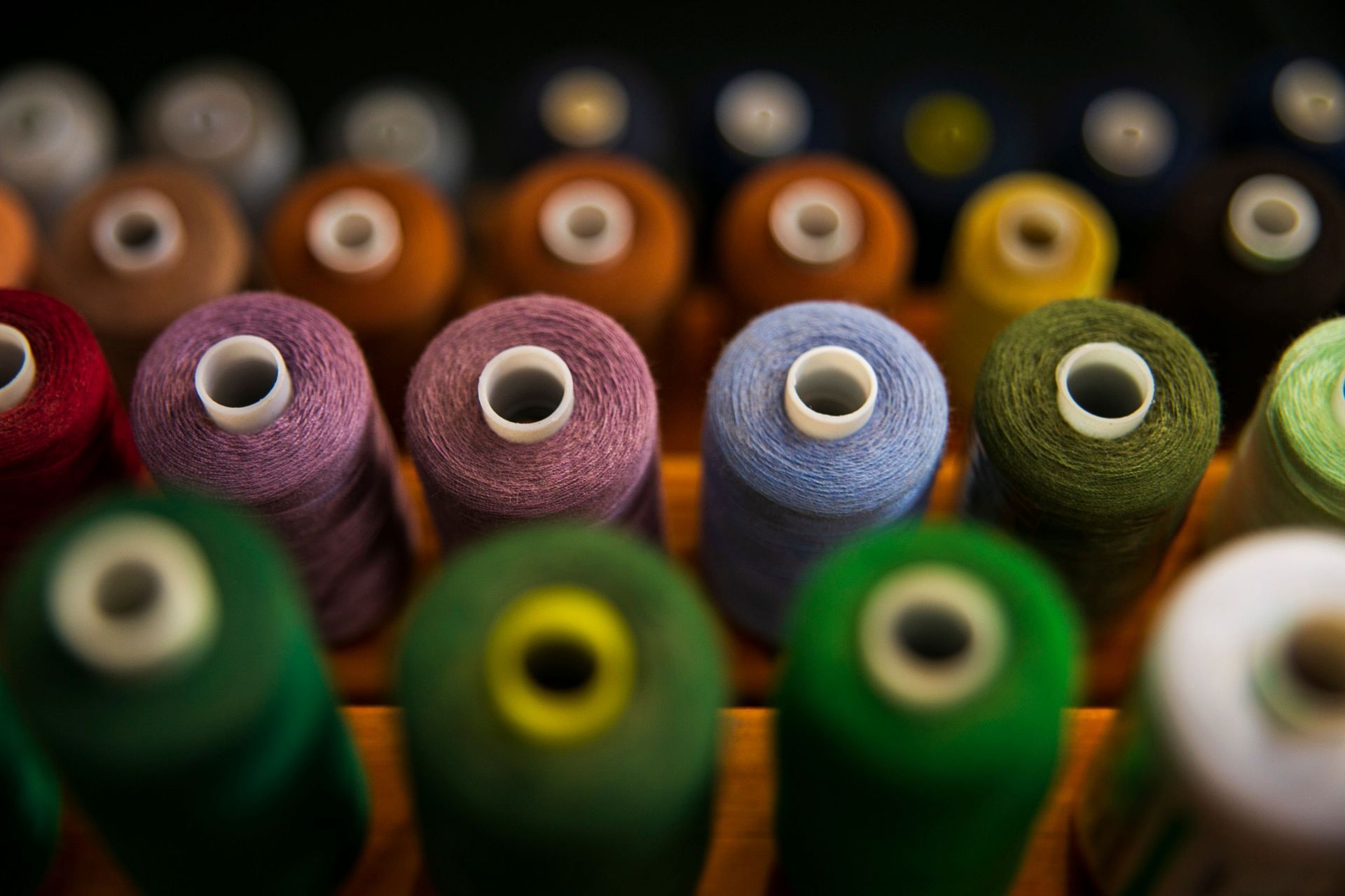 Spools of colorful thread in rows, with purple, blue, green, yellow, and brown tops visible