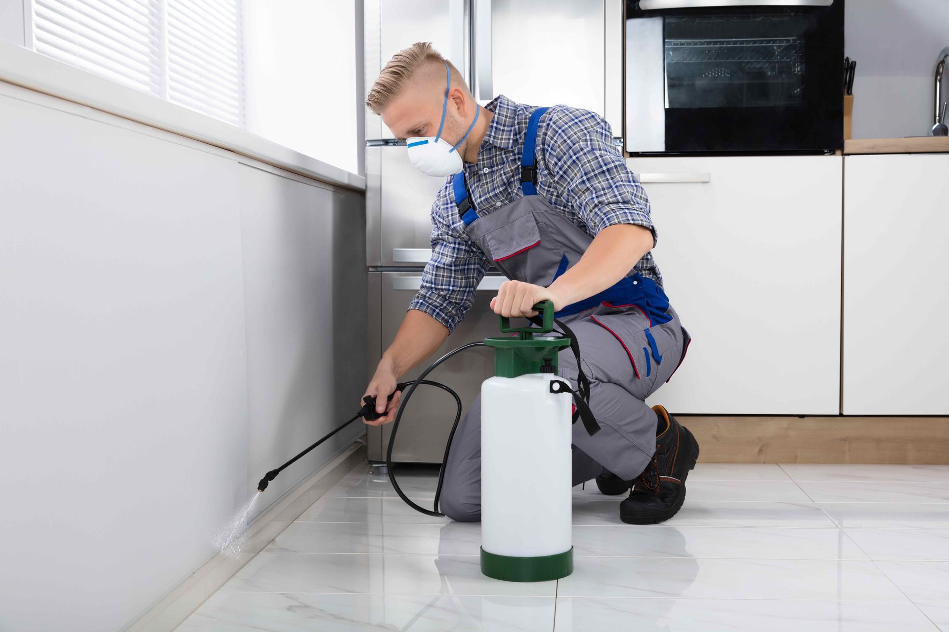 Masked technician applying pest control spray along kitchen window ledge near appliances area safely. Masked technician applying pest control spray along kitchen window ledge near appliances area safely.