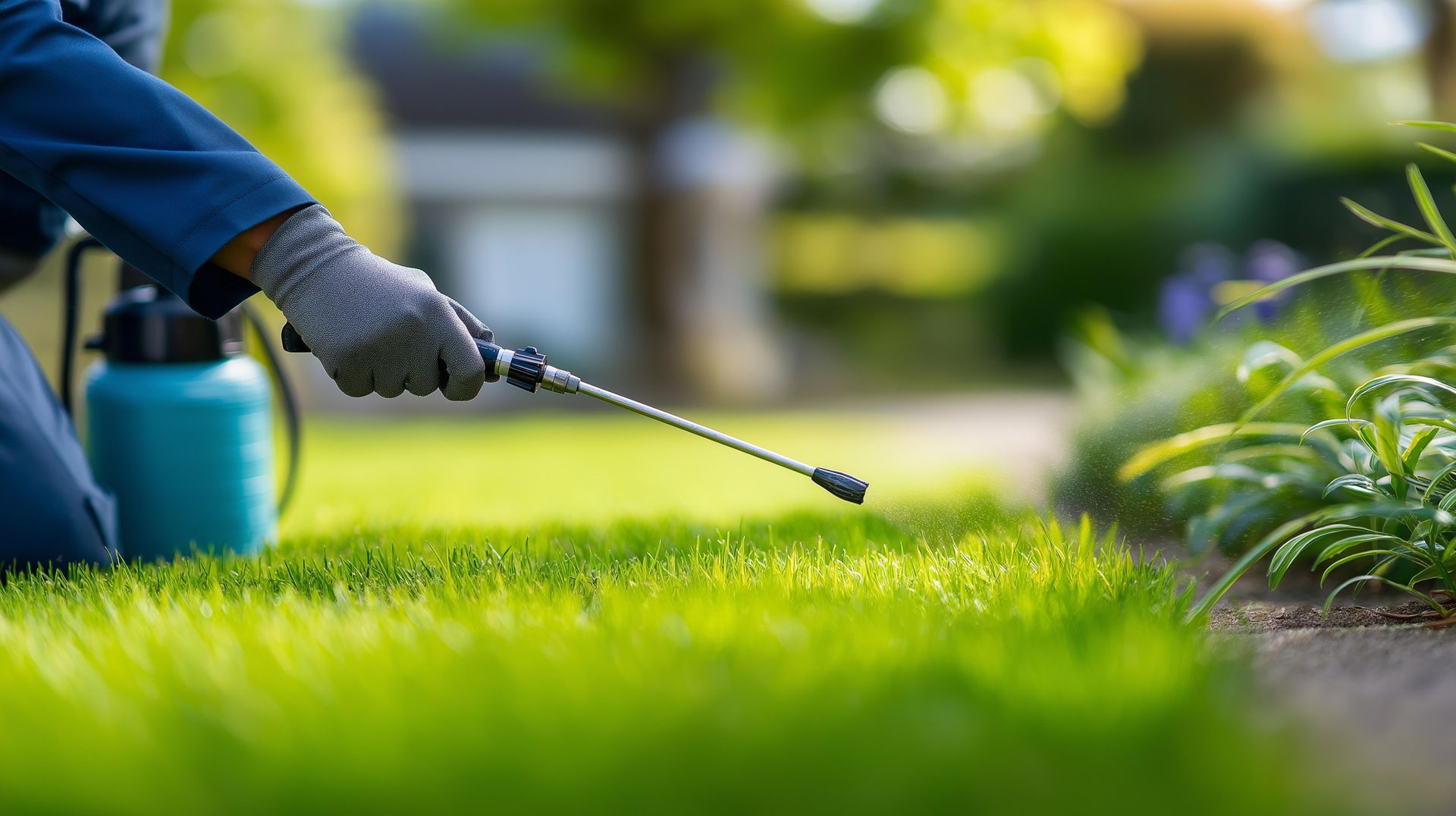 Commercial pest control service technician spraying lawn Commercial pest control service technician spraying lawn