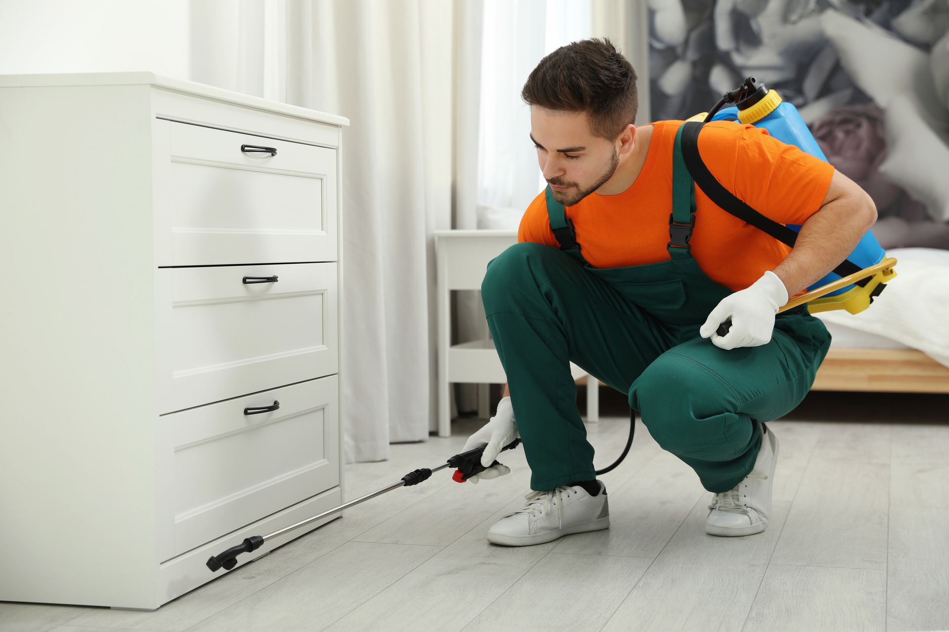 Pest control worker spraying insecticide near chest of drawers. Pest control worker spraying insecticide near chest of drawers.
