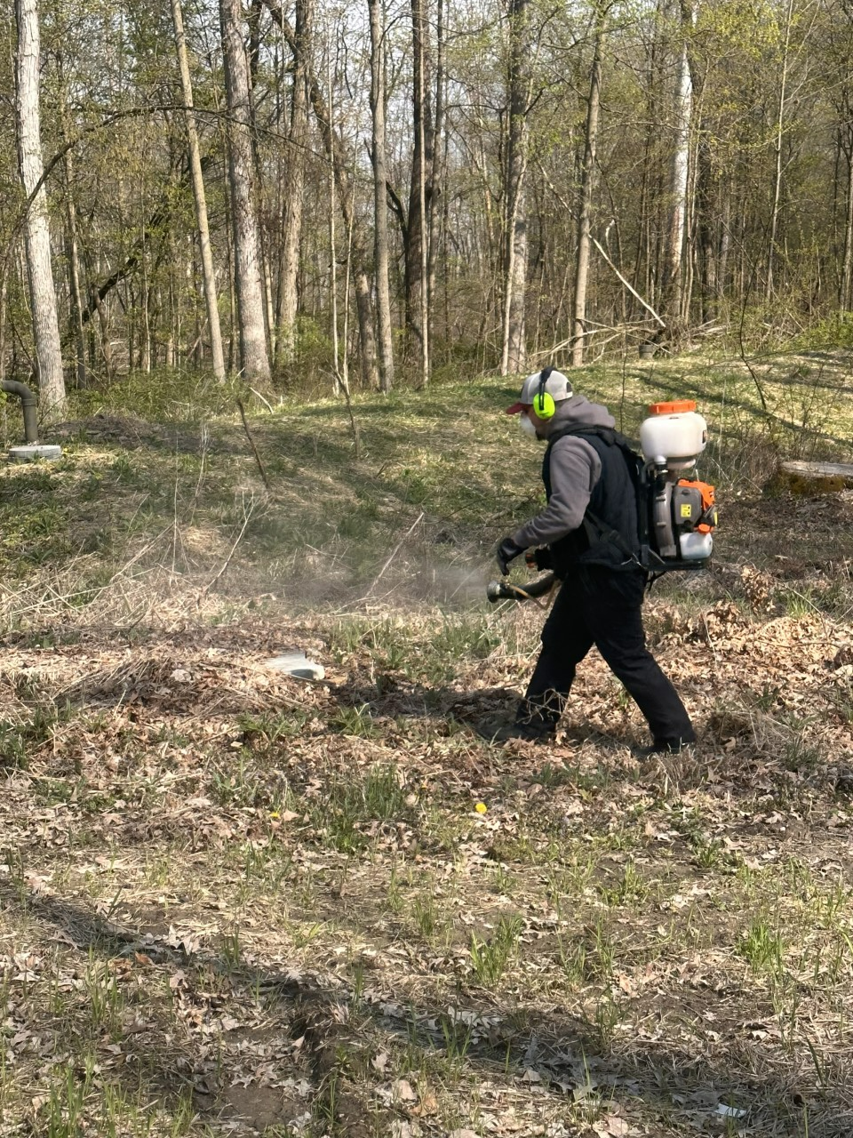 Man spraying herbicides in a wooded area, wearing protective gear.
