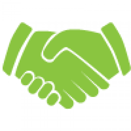 Green hands clasped in a handshake, symbolizing agreement or partnership.