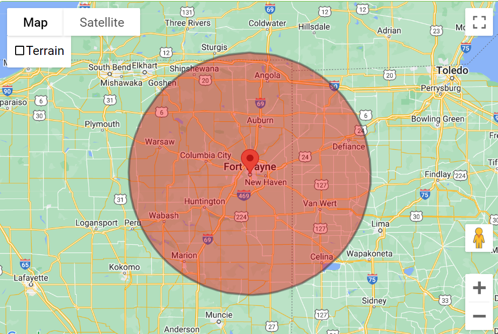 Map of Fort Wayne, Indiana, with a red circle indicating a radius around the city.