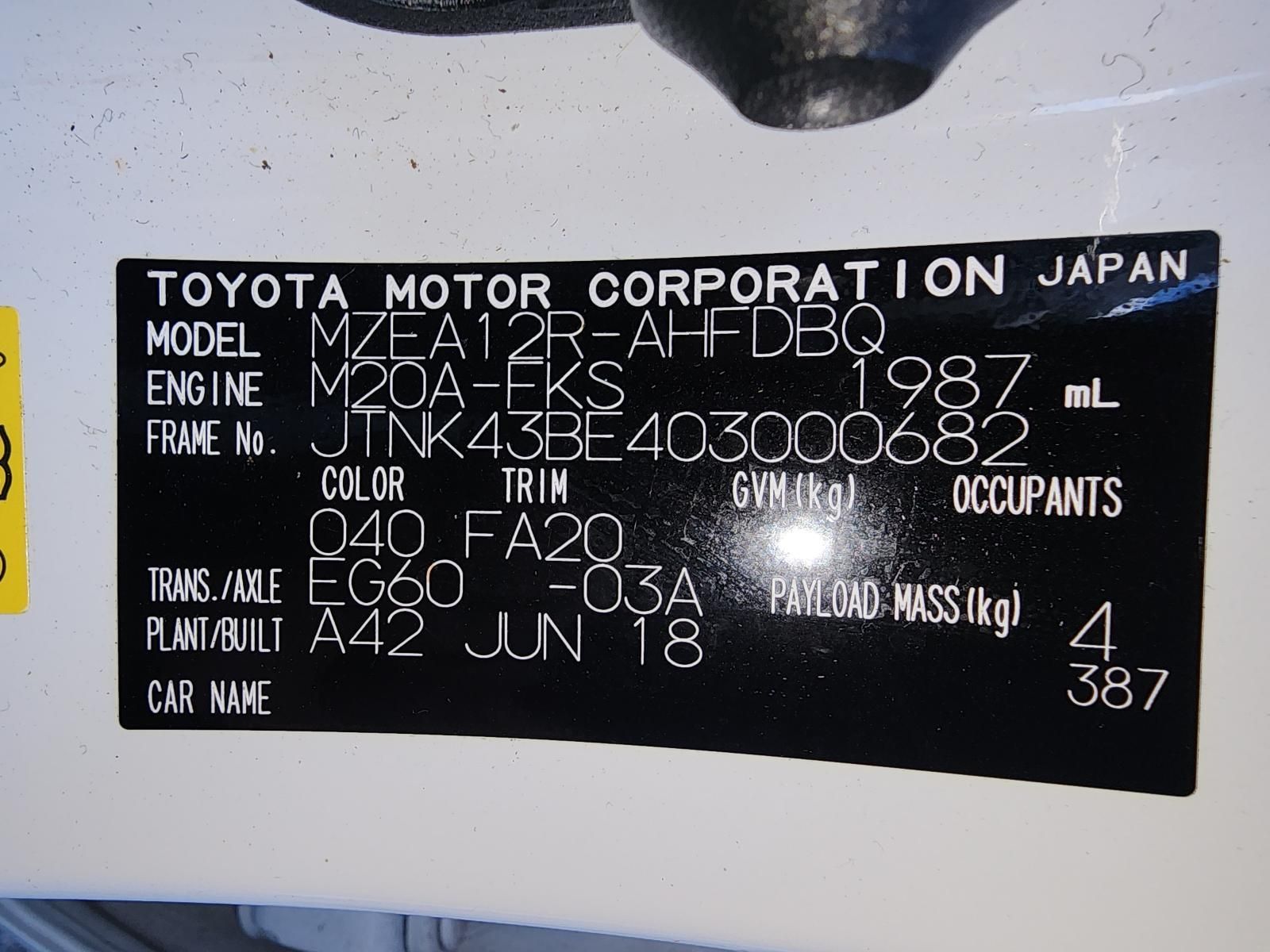 Black Toyota Motor Corporation Vehicle Identification Plate — South West 4WD Wreckers In Harristown, QLD