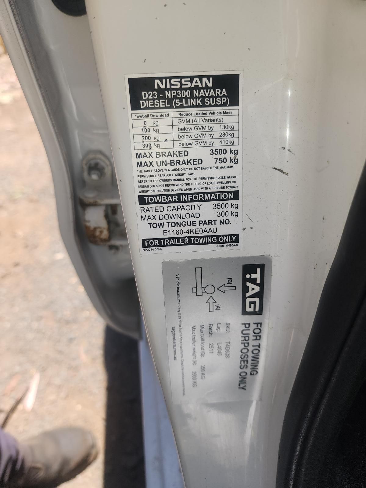 Close-up of a Nissan Door Jamb Label — South West 4WD Wreckers In Harristown, QLD