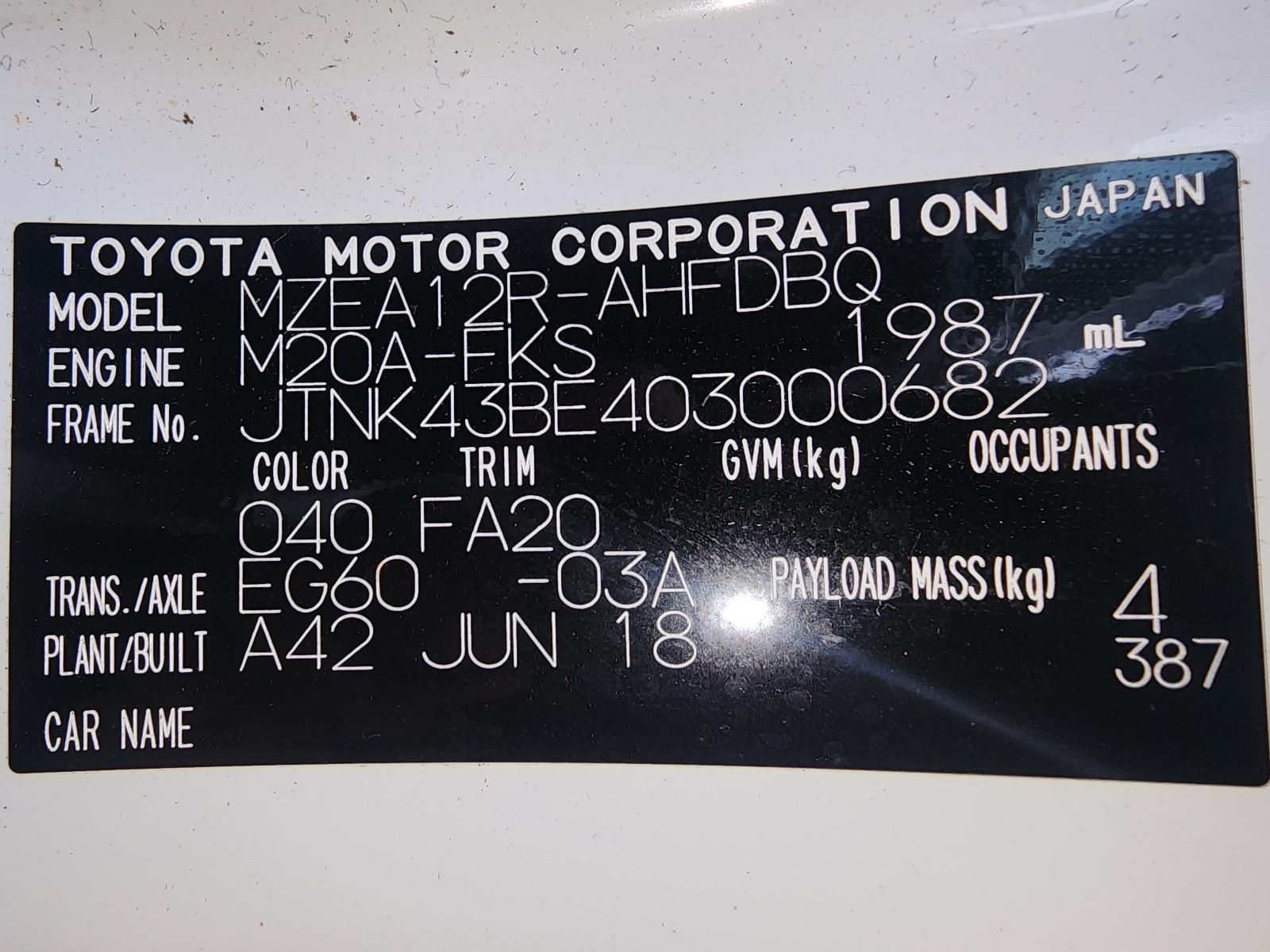 Close-up of a Toyota Motor Corporation Vehicle Identification — South West 4WD Wreckers In Harristown, QLD