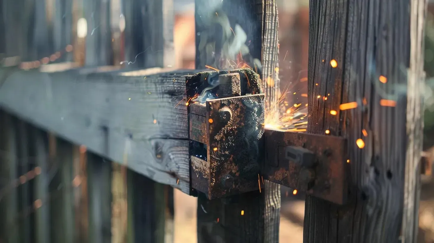 Welding a sagging gate hinge by a wooden fence