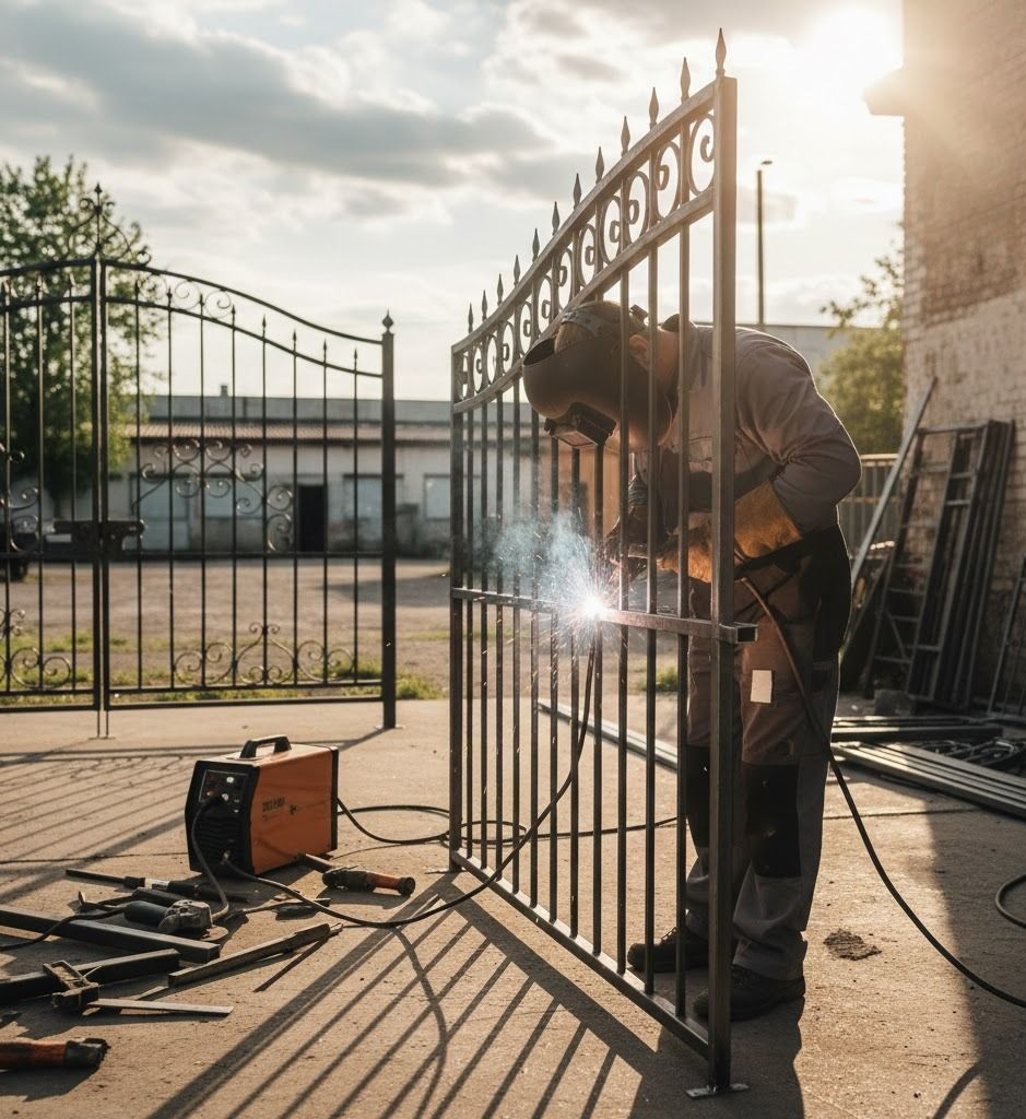 Welder in protective gear welding an ornate metal gate outdoors.