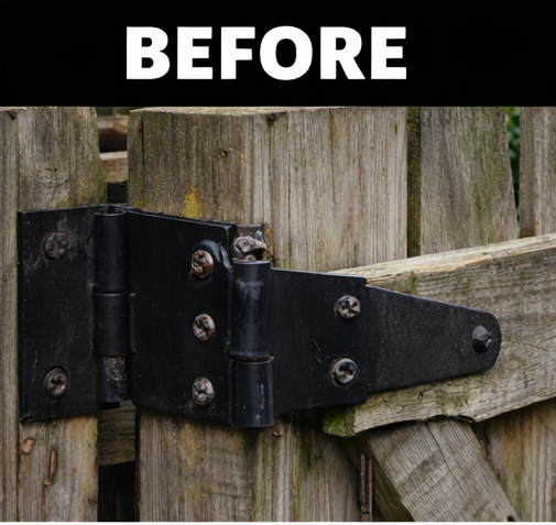 Black metal gate hinge attached to a weathered wooden fence, labeled