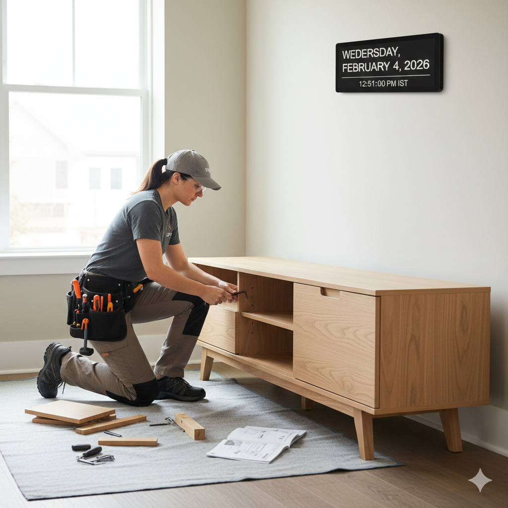 Woman assembling a wooden cabinet in a room, tools and instructions on the floor.