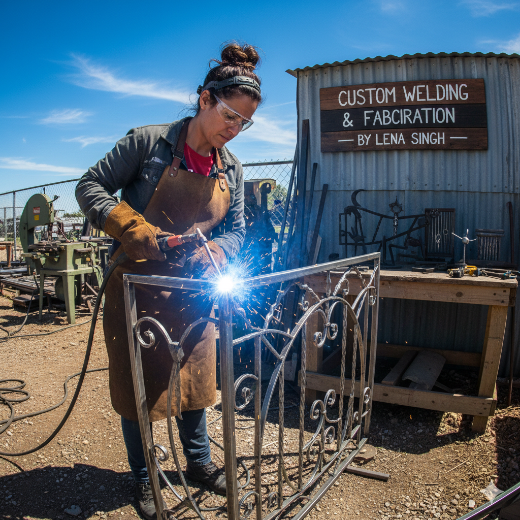 Welder working outdoors on an ornate metal gate, sparks flying. Shed sign reads 