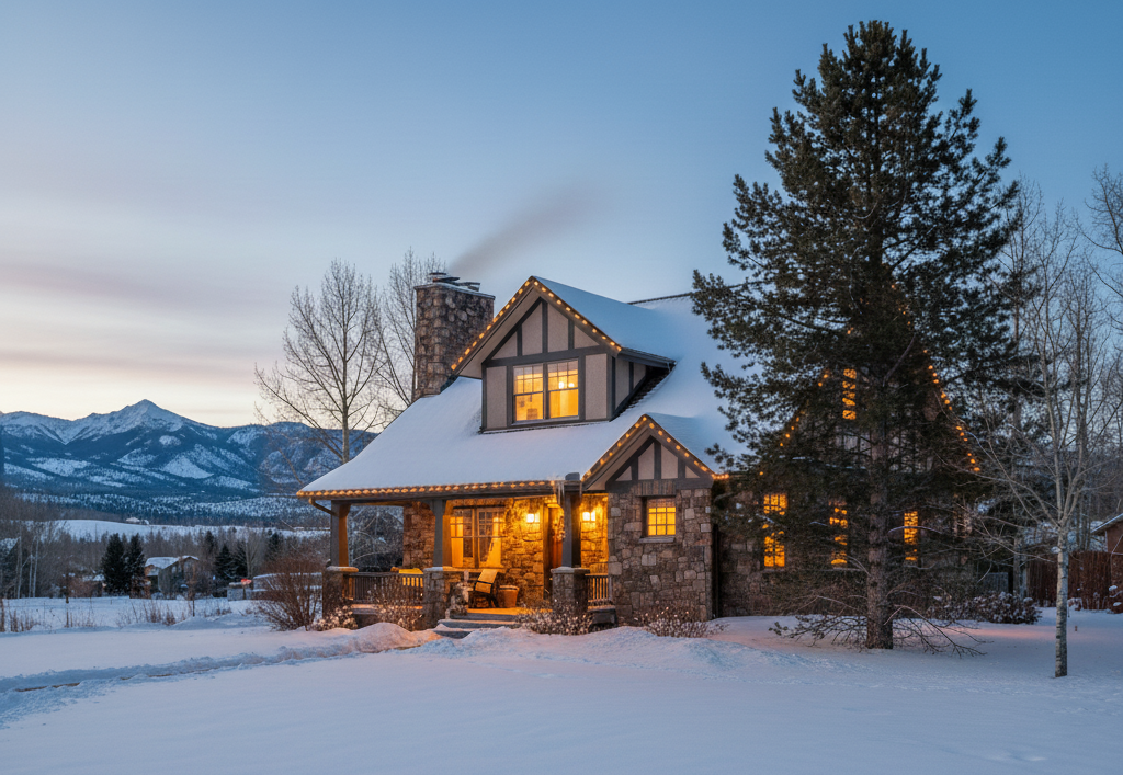 Stone cottage covered in snow with lights on, smoke rising from chimney, mountain backdrop.