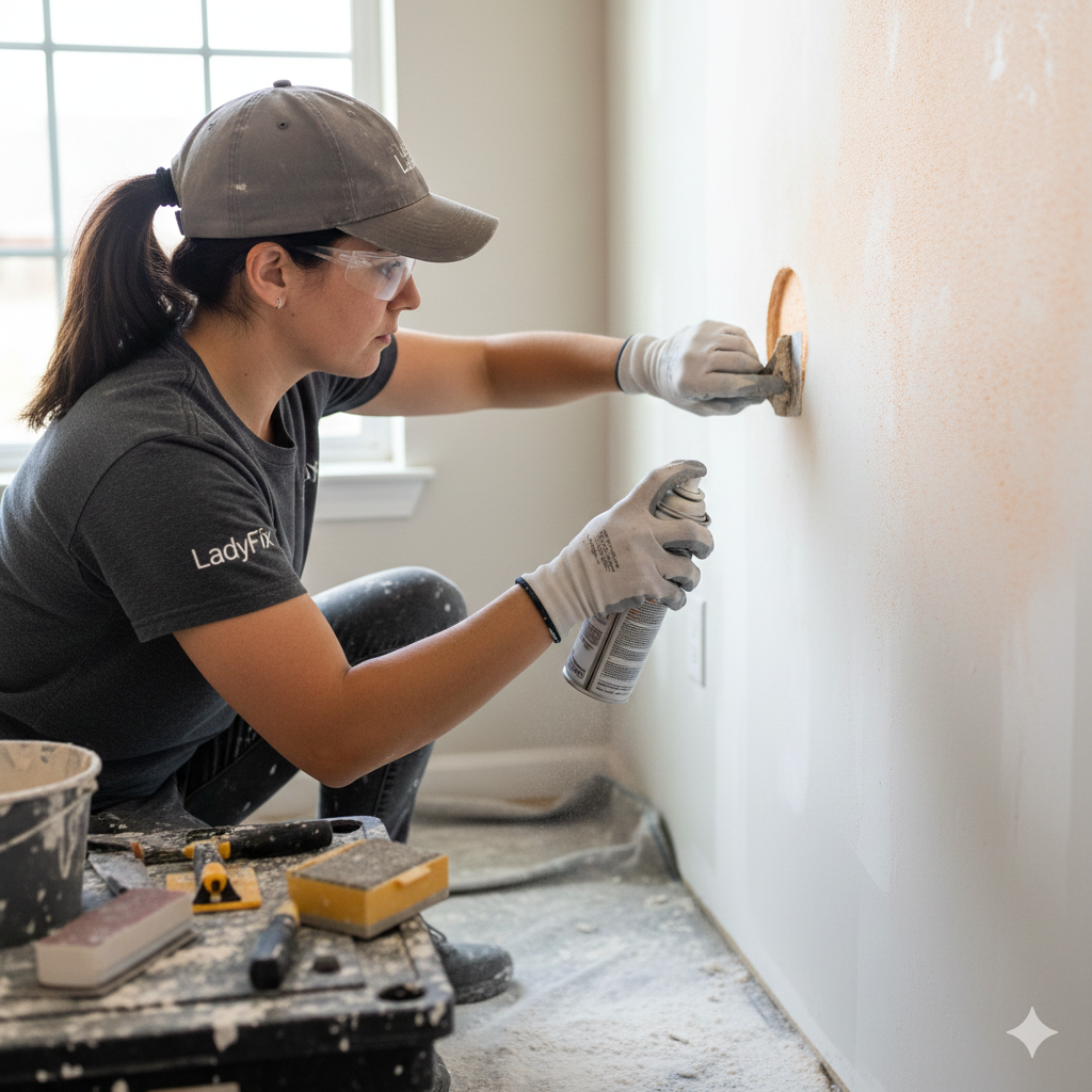 Woman in gray cap, safety glasses, and gloves sprays a wall near an electrical outlet while renovating a room.