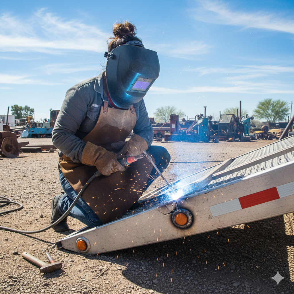 A person welds outdoors wearing a welding mask, gloves, and apron. Sparks fly.