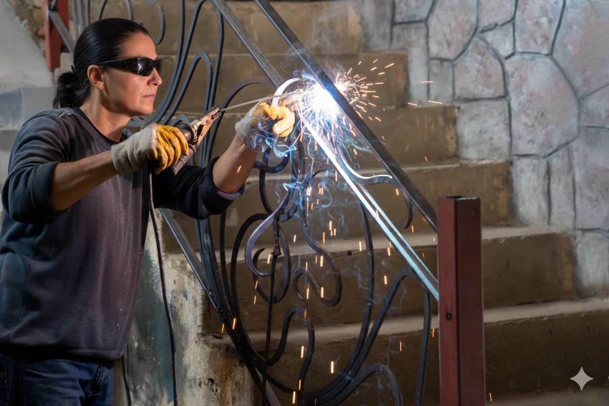 Woman welding metal railing on indoor staircase, sparks flying.