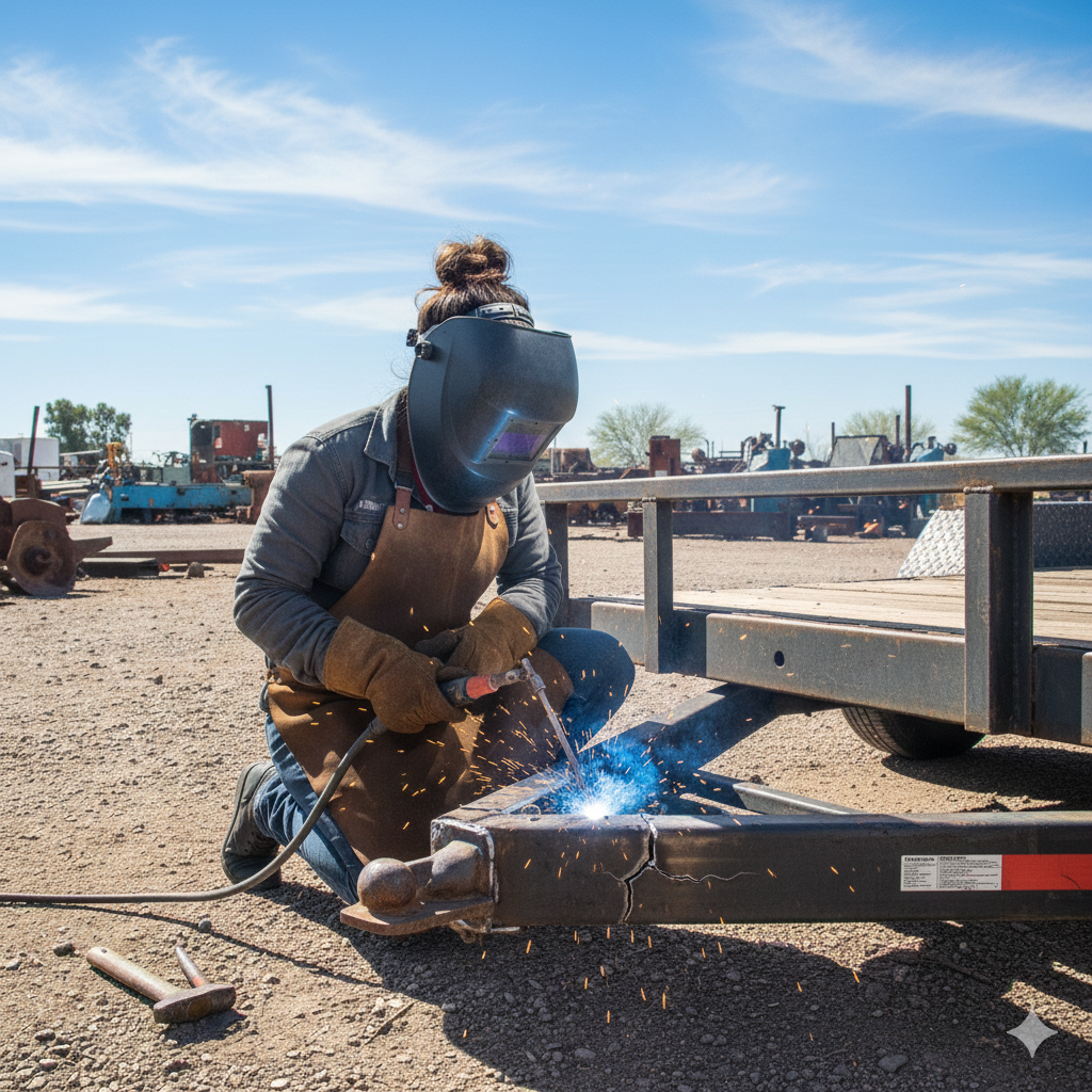 Person welding on a trailer hitch outdoors, wearing protective gear. Blue sparks, sunny day.