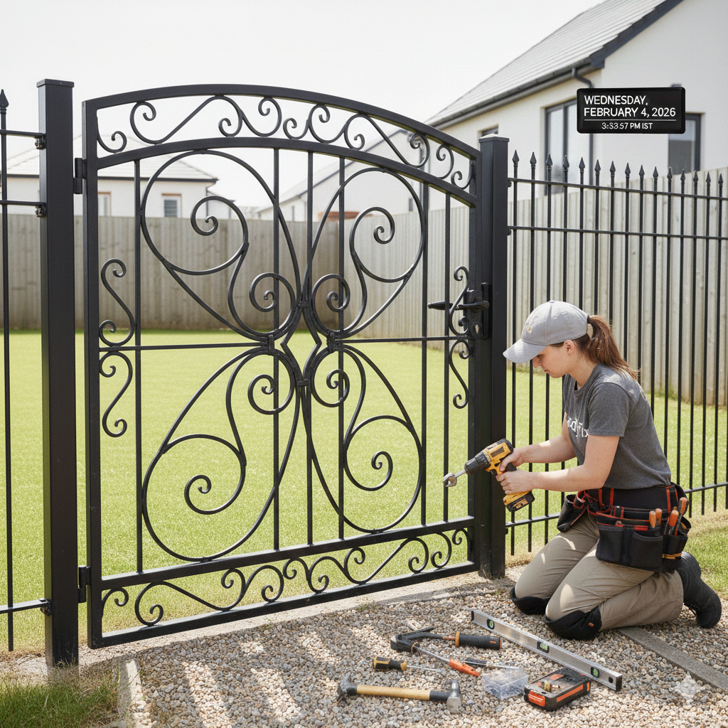 Woman installing a decorative black wrought iron gate with power drill on a grassy lawn.