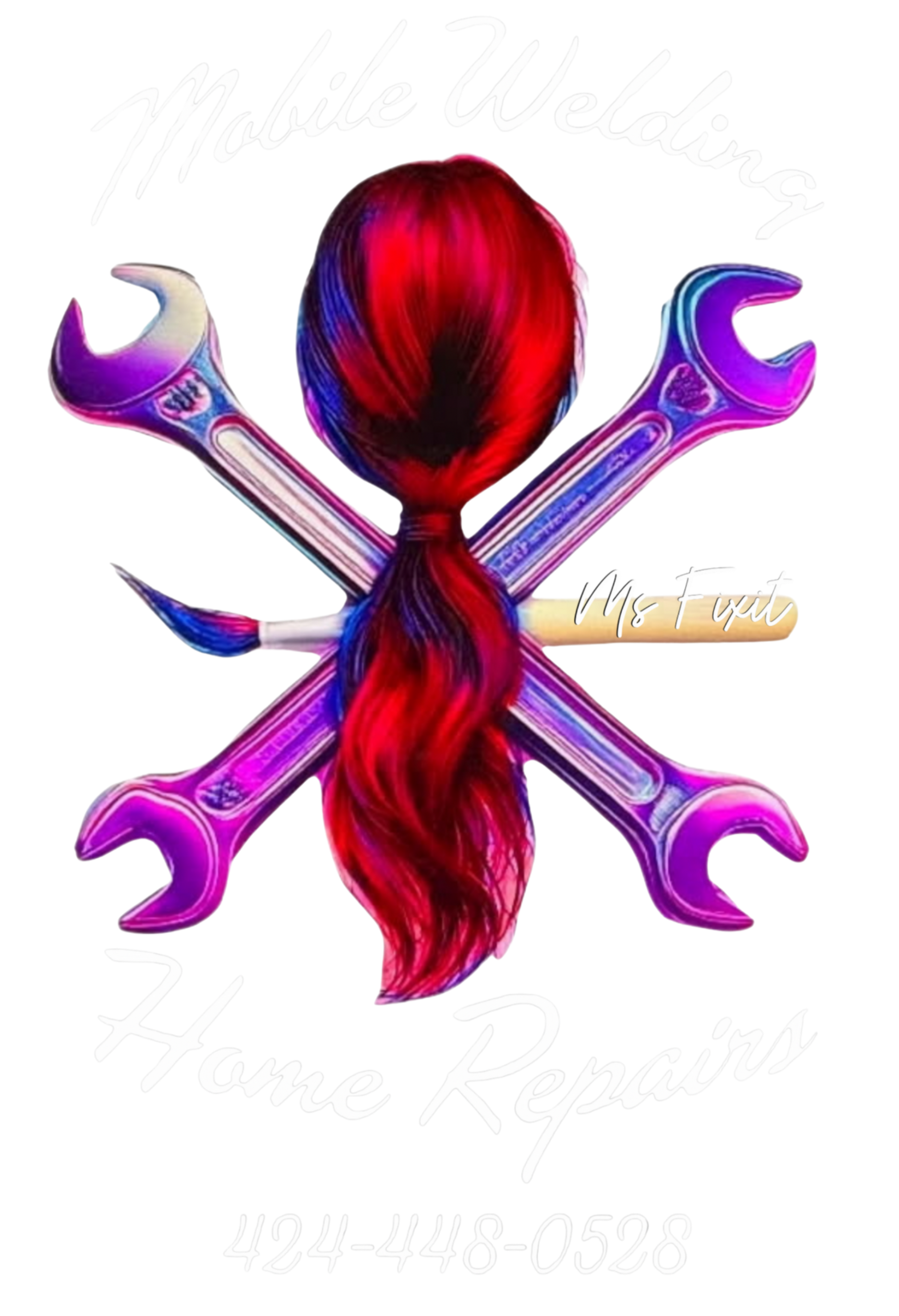 Logo: crossed wrenches and paint brush behind a ponytail with red and blue hair.