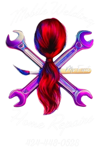 Logo: crossed wrenches and paint brush behind a ponytail with red and blue hair.