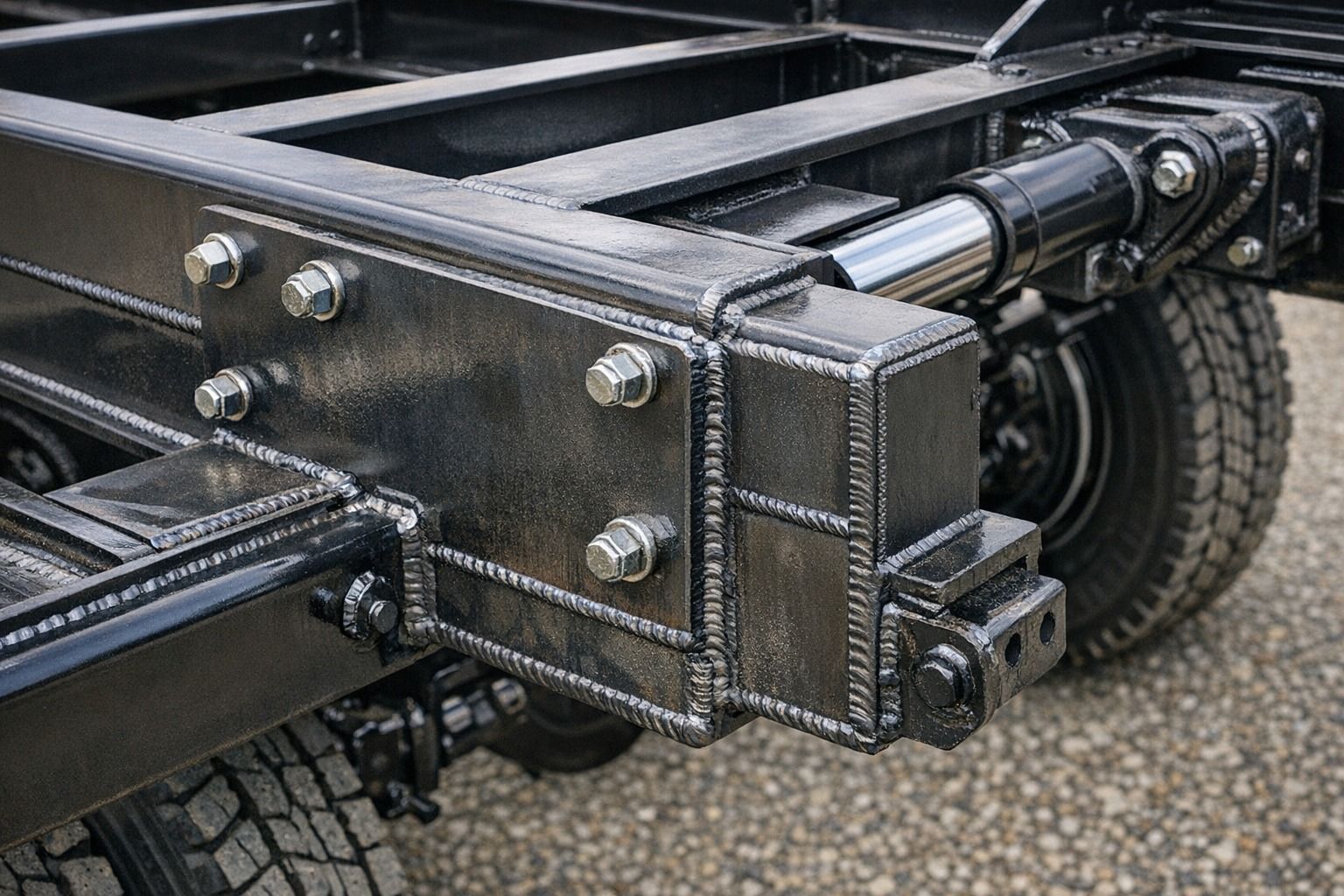 Black metal trailer frame with bolted supports and a hydraulic cylinder.