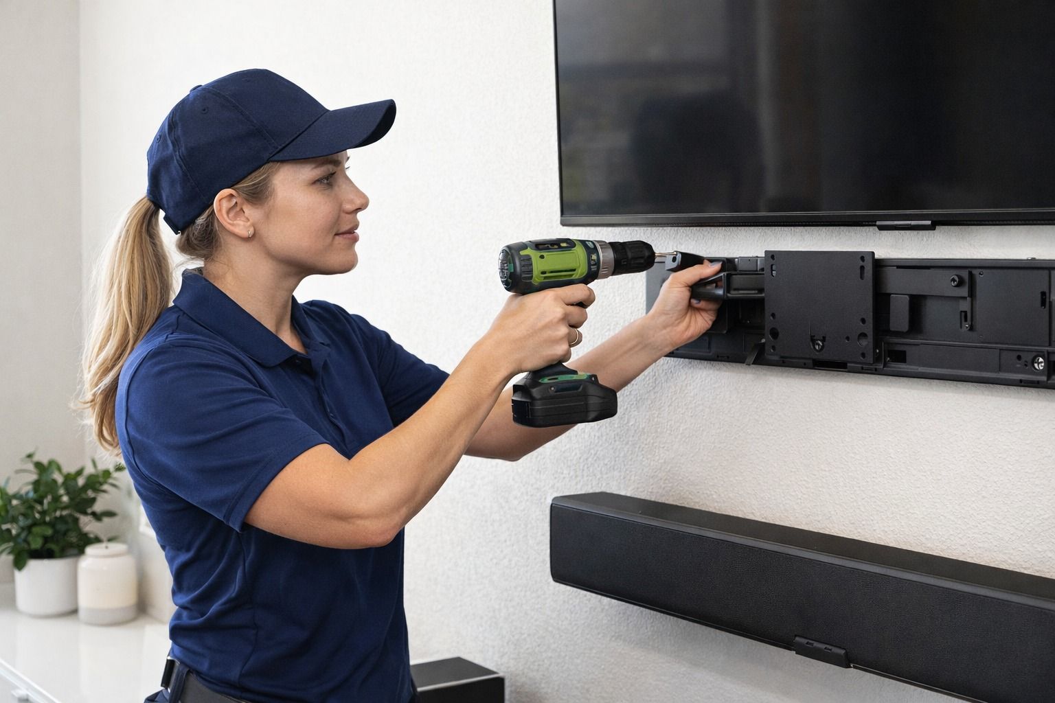 Woman in blue uniform using a drill to mount a sound bar to a white wall beneath a TV.