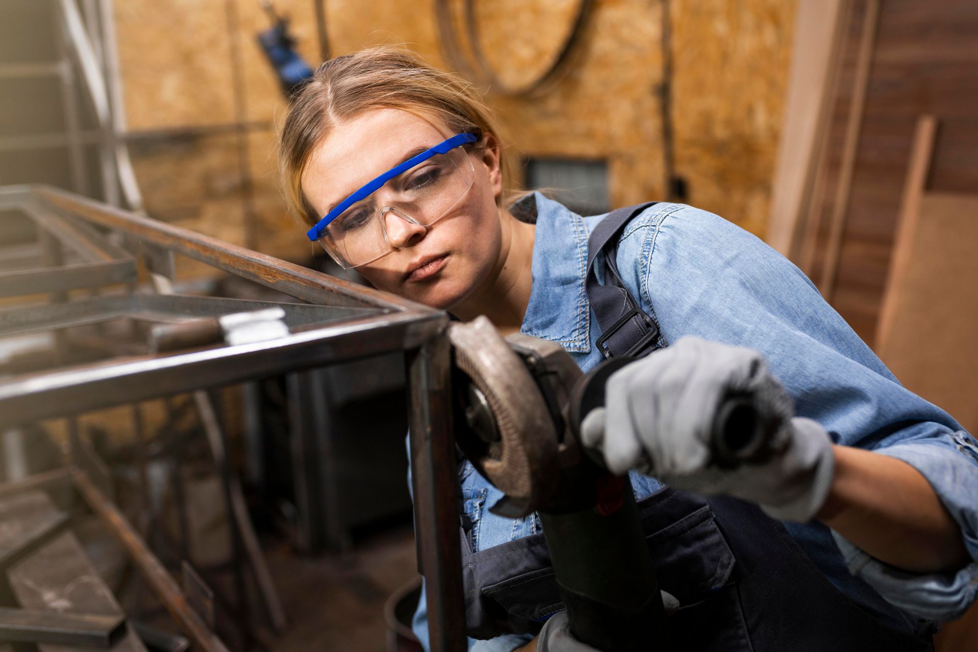 Woman in safety glasses grinding metal frame in a workshop.