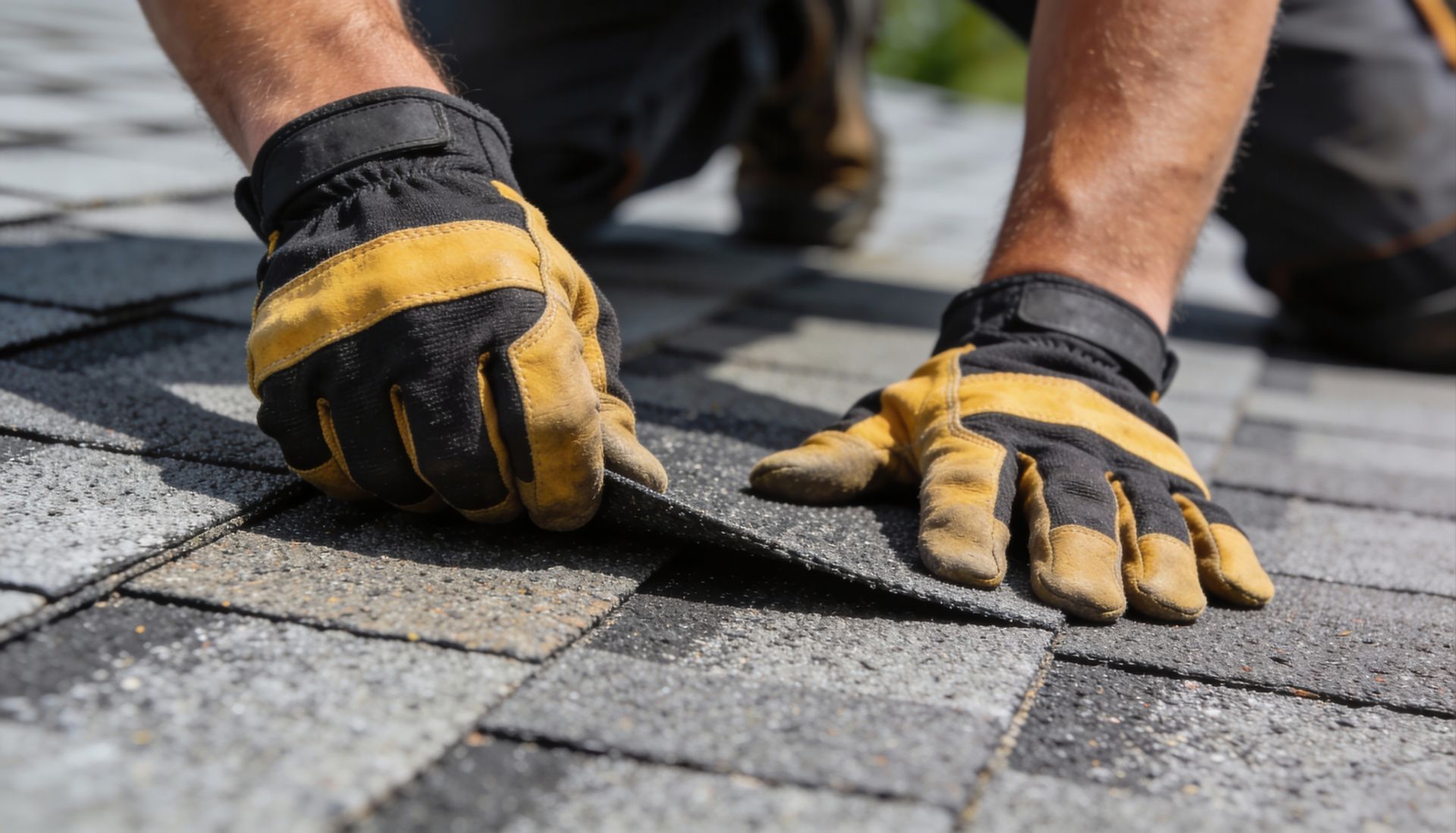 Expert residential roofer installing gray asphalt shingles on a home roof with precision. Expert residential roofer installing gray asphalt shingles on a home roof with precision.