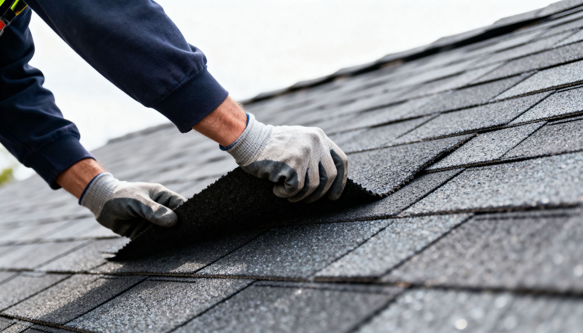 Close-up of a residential roofer's hands repairing a damaged shingle roof. Close-up of a residential roofer's hands repairing a damaged shingle roof.