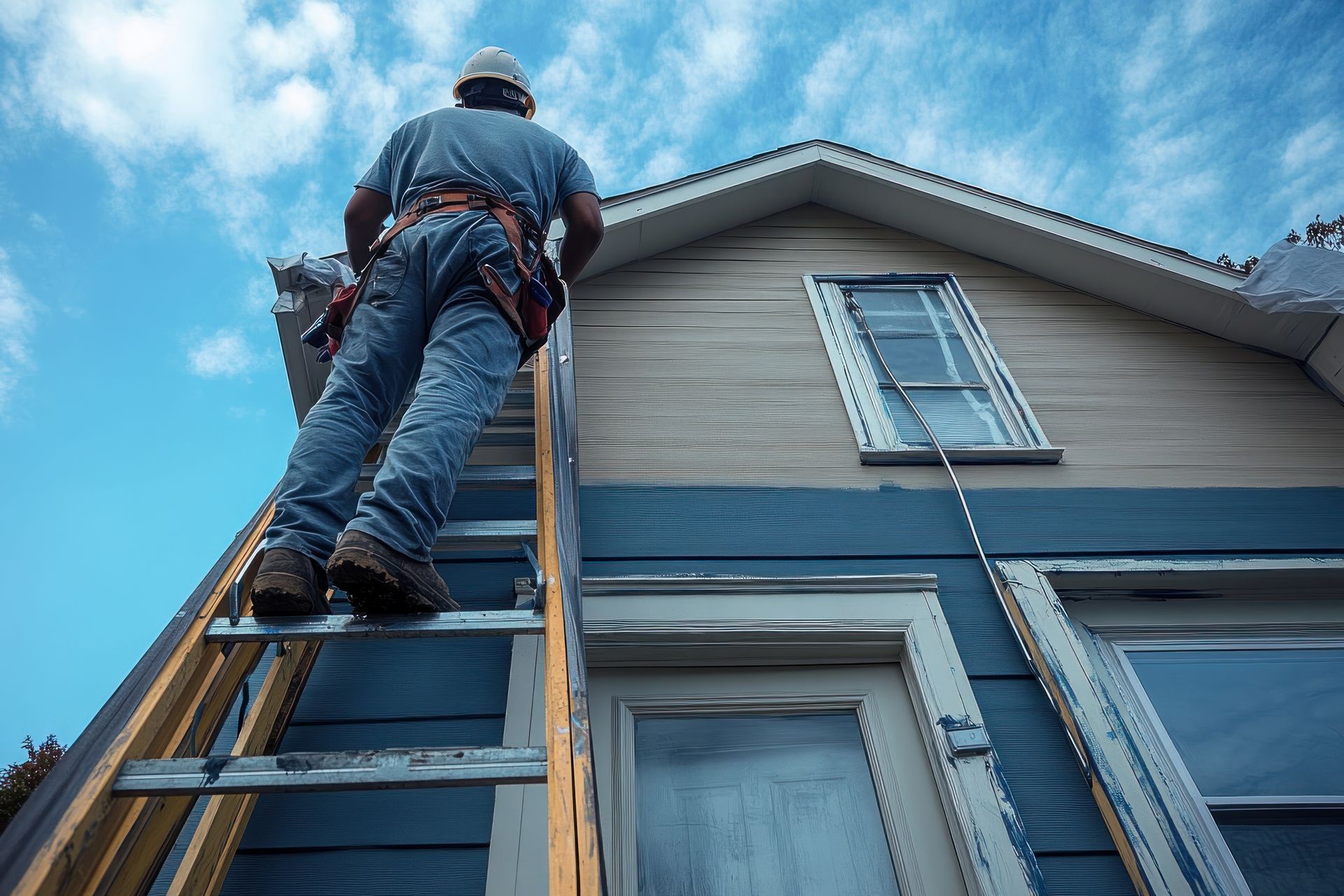 Siding contractor installing exterior siding on house using ladder under blue sky.