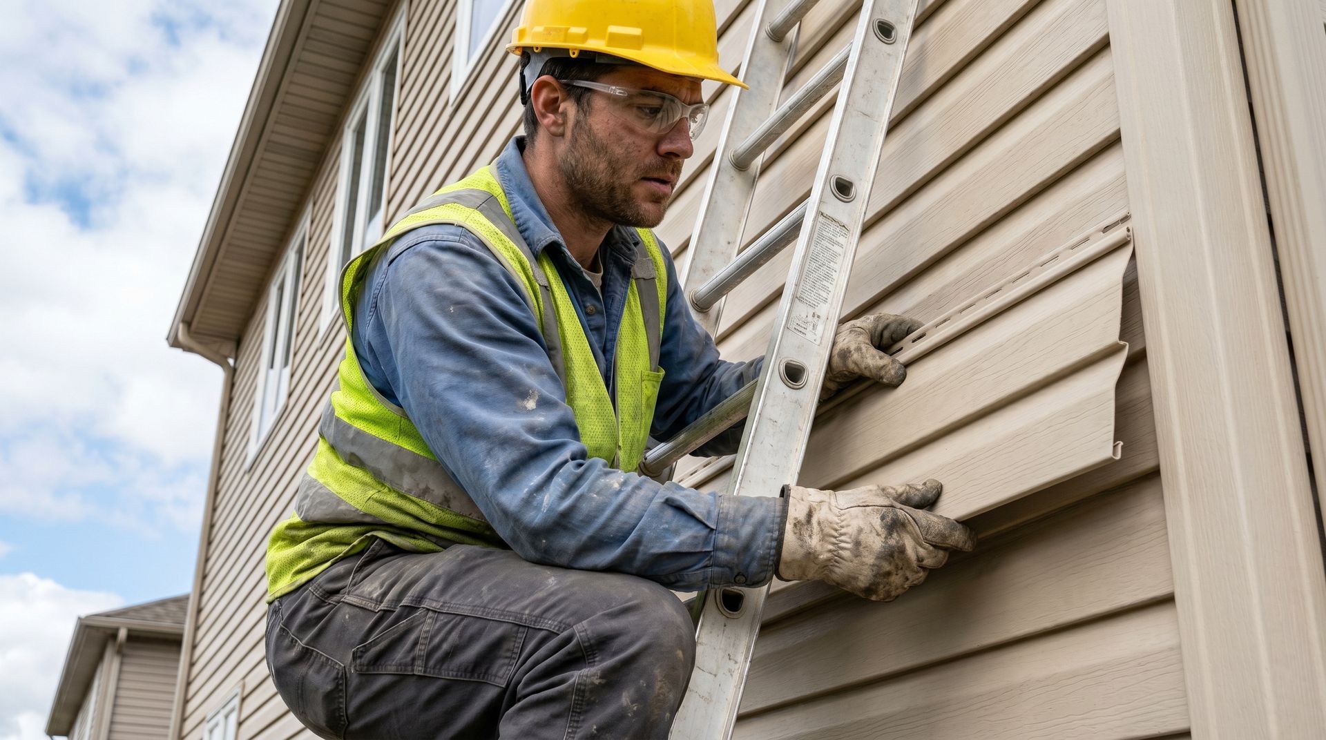 Residential siding contractor on a ladder inspecting and replacing exterior siding panels on a home