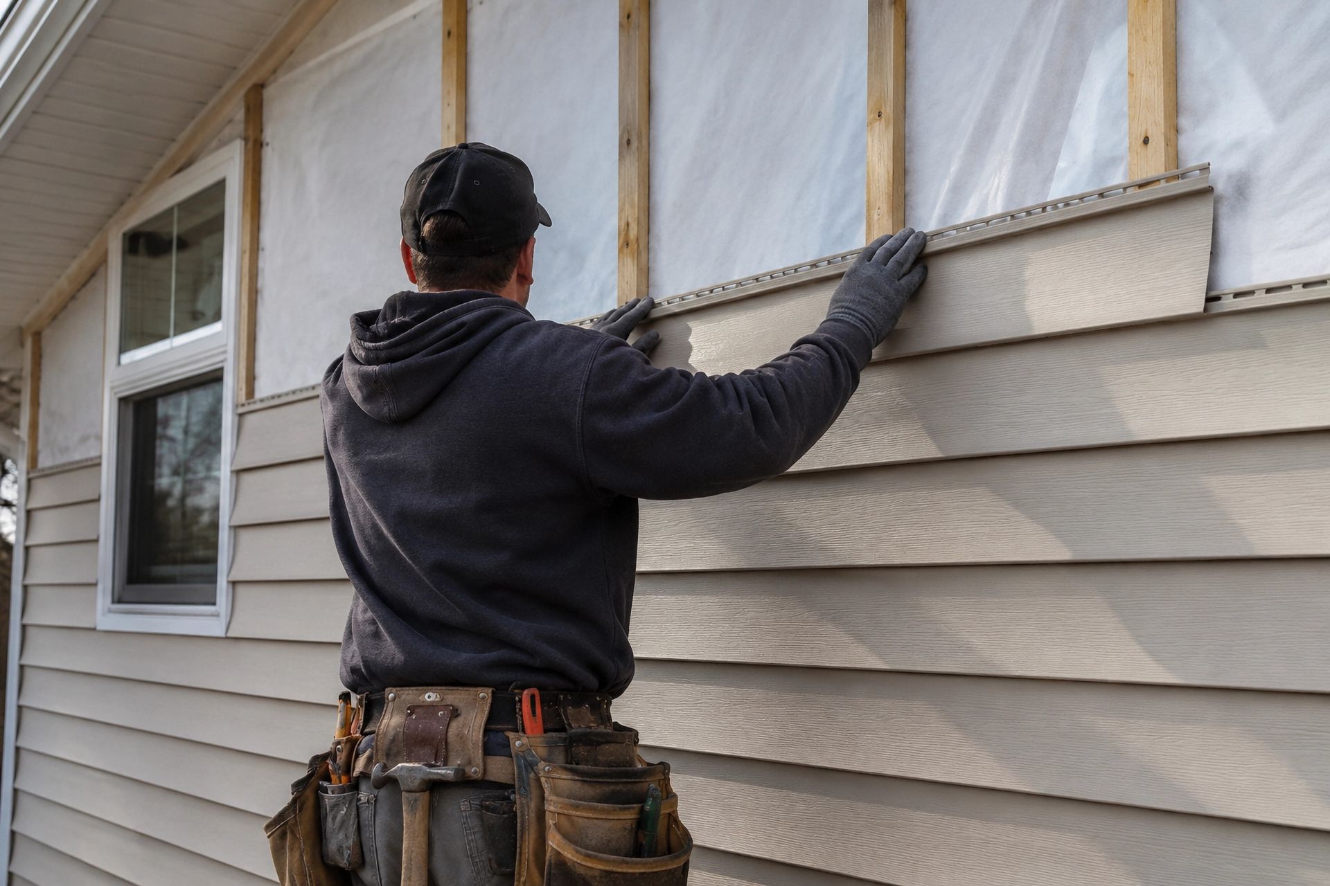 Siding contractor installing vinyl siding panels on a residential home exterior