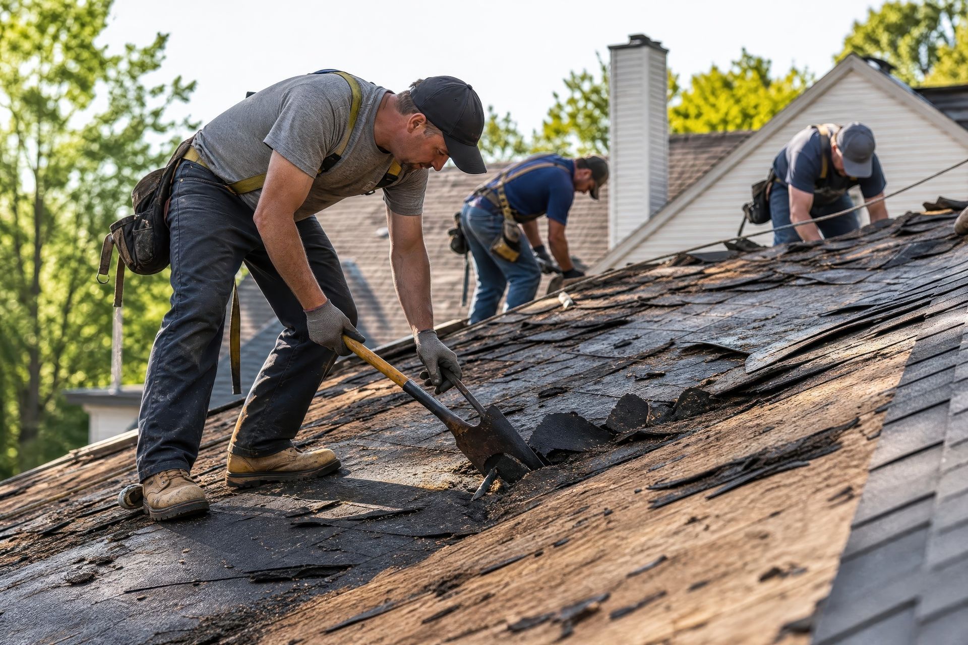 Roofing contractors removing damaged and deteriorated shingles from a residential roof during a full replacement Roofing contractors removing damaged and deteriorated shingles from a residential roof during a full replacement