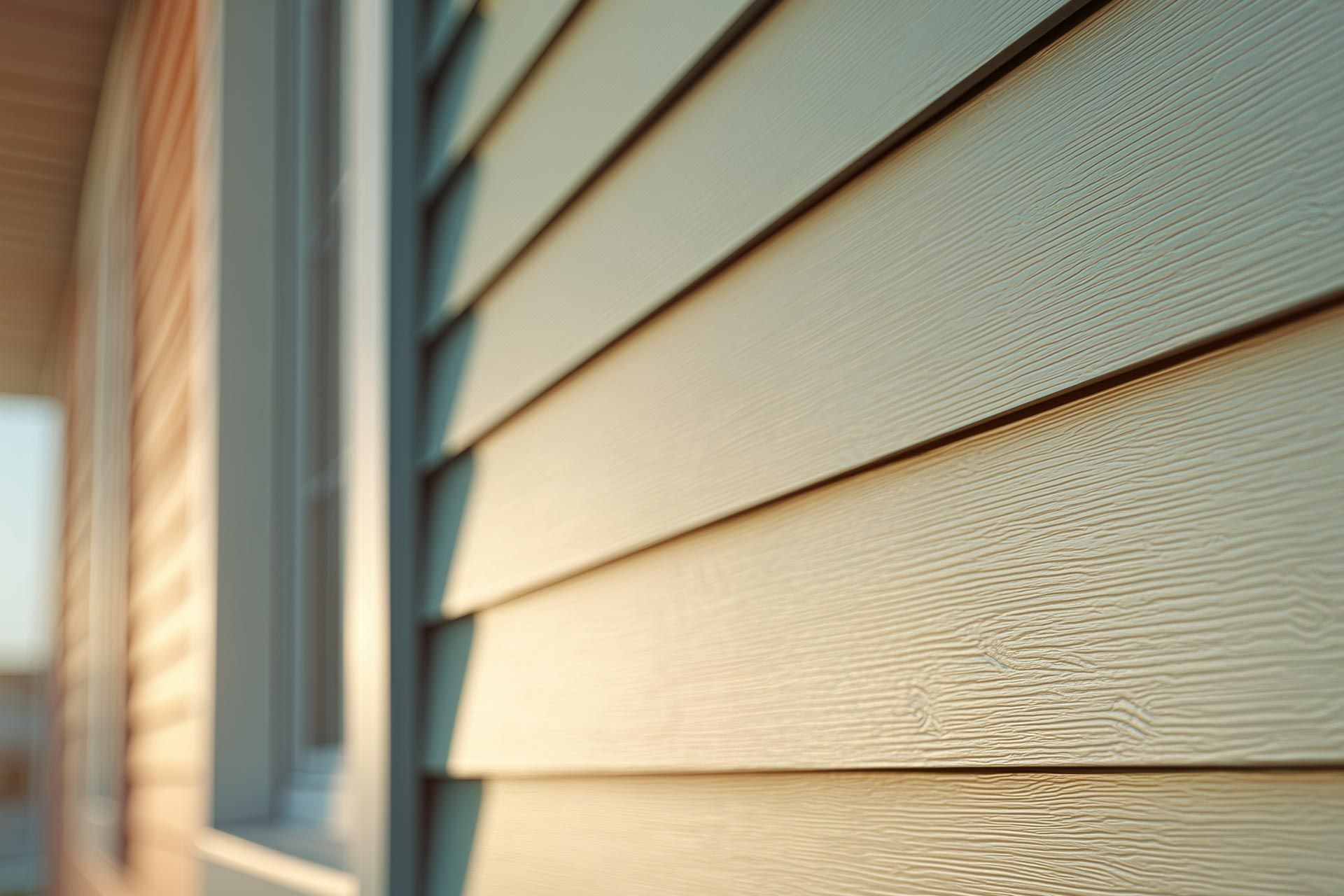 Close-up of newly installed vinyl siding panels on a residential home exterior completed by a siding replacement contractor Close-up of newly installed vinyl siding panels on a residential home exterior completed by a siding replacement contractor