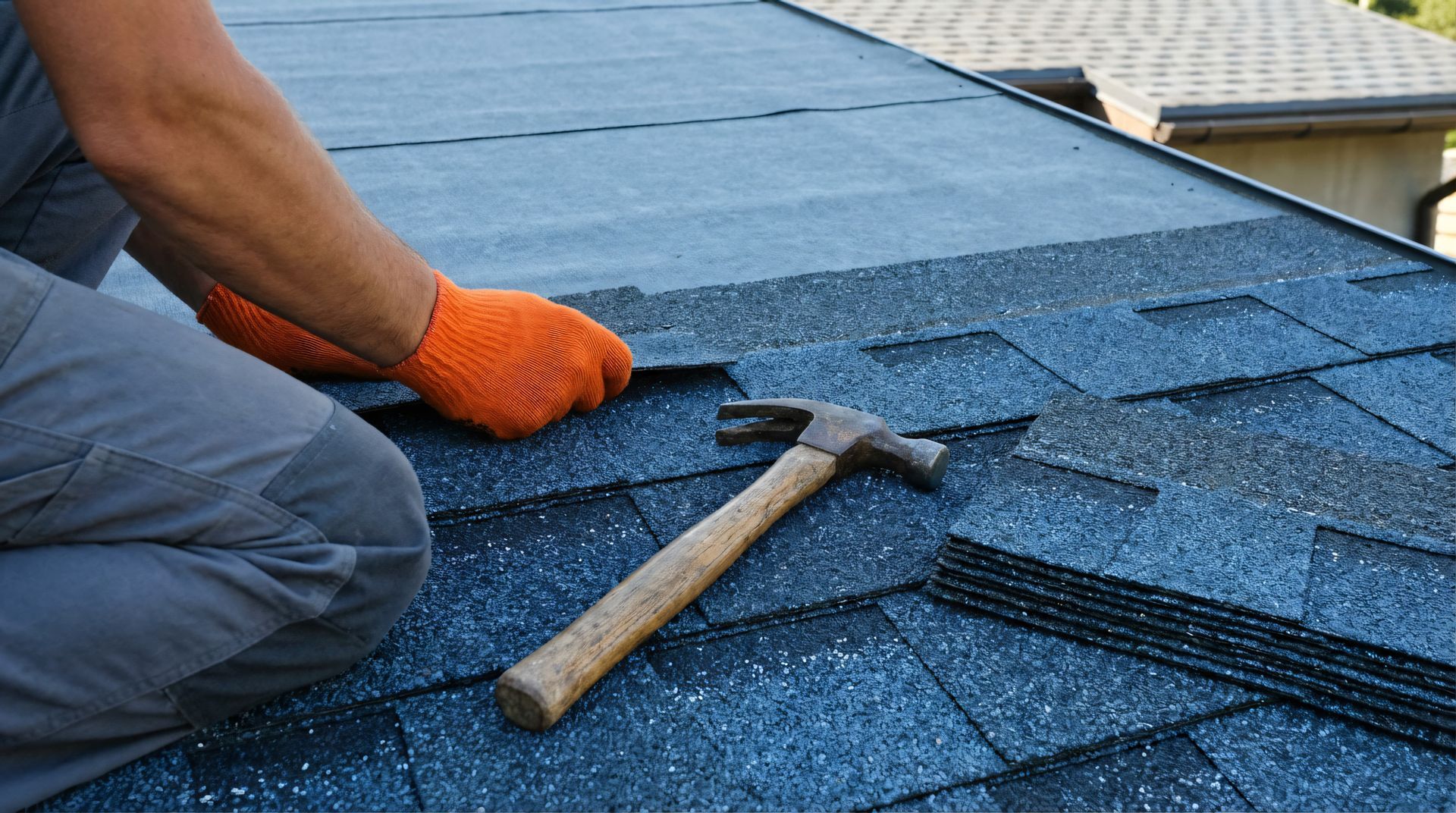 Roofer laying asphalt shingles during a residential roof installation service