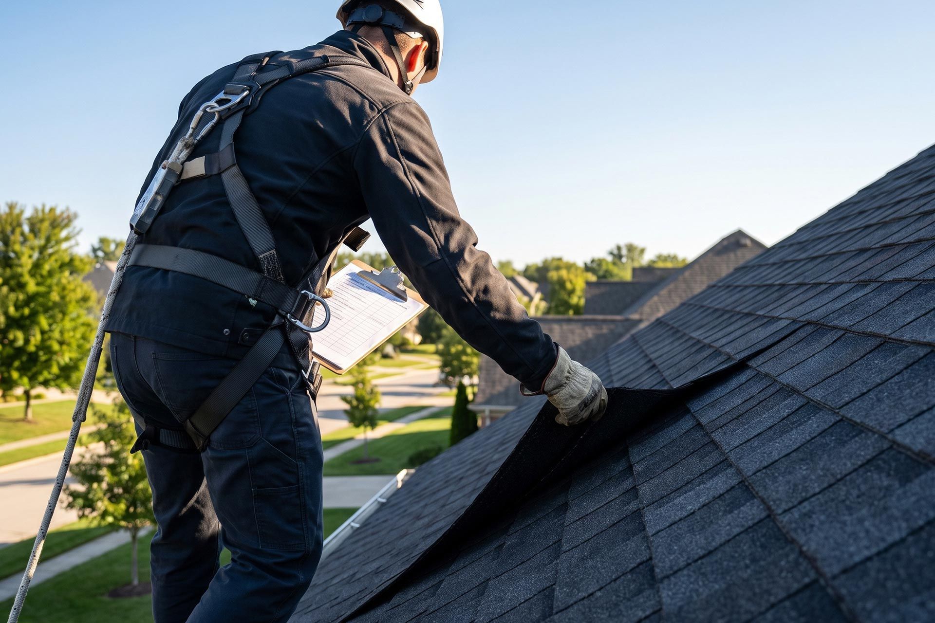Roofer with safety harness inspecting and documenting shingle condition during a residential roof repair assessment Roofer with safety harness inspecting and documenting shingle condition during a residential roof repair assessment