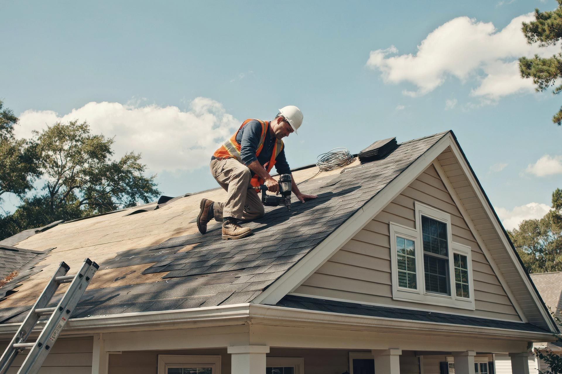 Roofer using a nail gun to repair and replace shingles on a residential roof Roofer using a nail gun to repair and replace shingles on a residential roof