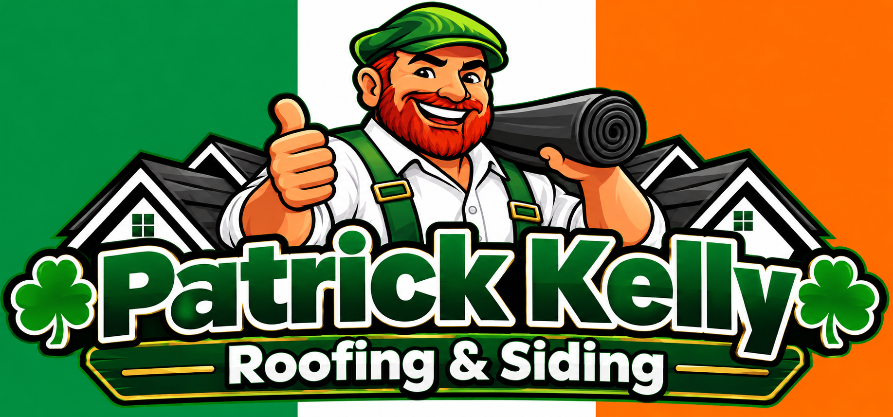 Patrick Kelly Roofing & Siding logo with green clovers and a smiling roofer holding a roll of shingles