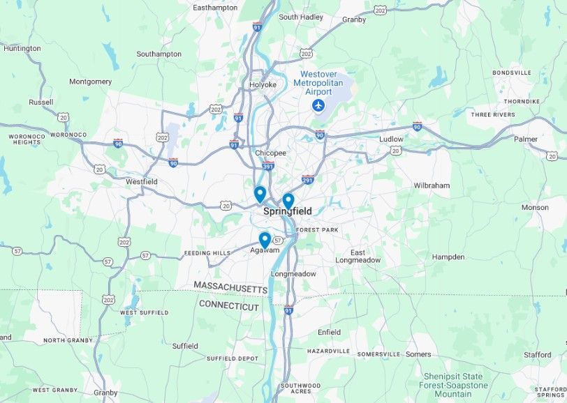 Map of Springfield, Massachusetts, and surrounding areas, showing major roads and points of interest.