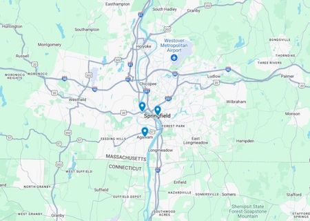 Map of Springfield, Massachusetts, and surrounding areas, showing major roads and points of interest.