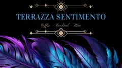 Logo per Terrazza Sentimento con testo, bordi eleganti e piume che sfumano dal blu al viola su sfondo nero.