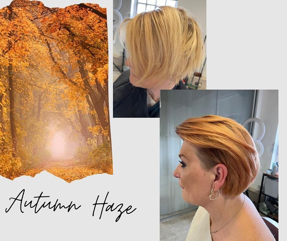 Autumn-toned hair color collage with blonde layered cut and warm copper highlights, labeled “Autumn Haze”