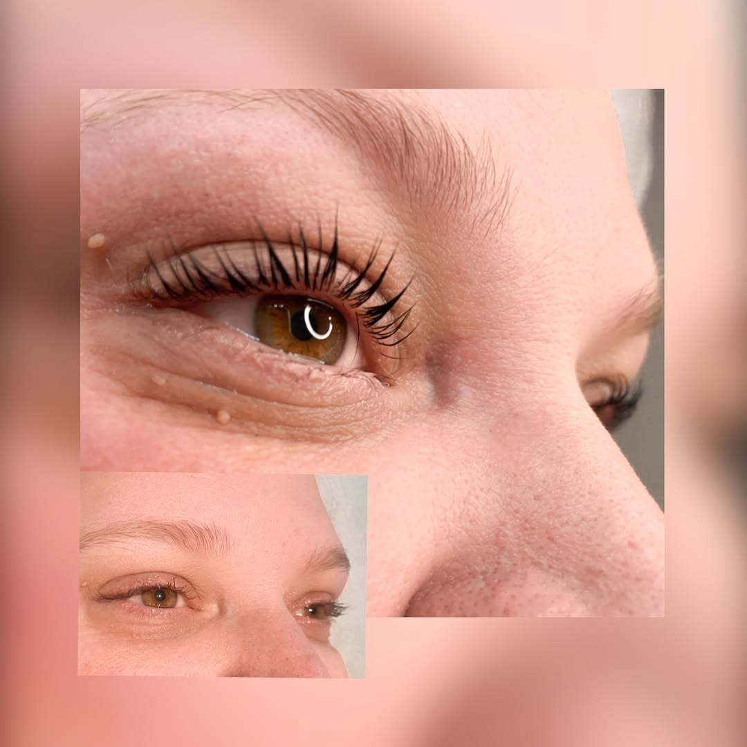 Close-up collage of a woman's eye and nose with soft pink background, showing natural makeup and long lashes
