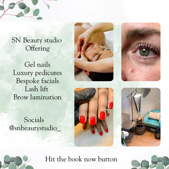 SN Beauty Studio offering nails, facials, lash lift, brow lamination and pedicure services on a floral flyer