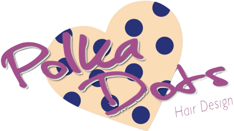 Polka Dots Hair Design logo with pink script over a beige heart and navy polka dots