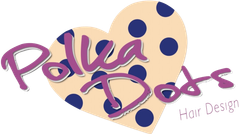 Polka Dots Hair Design logo with pink script over a beige heart and navy polka dots