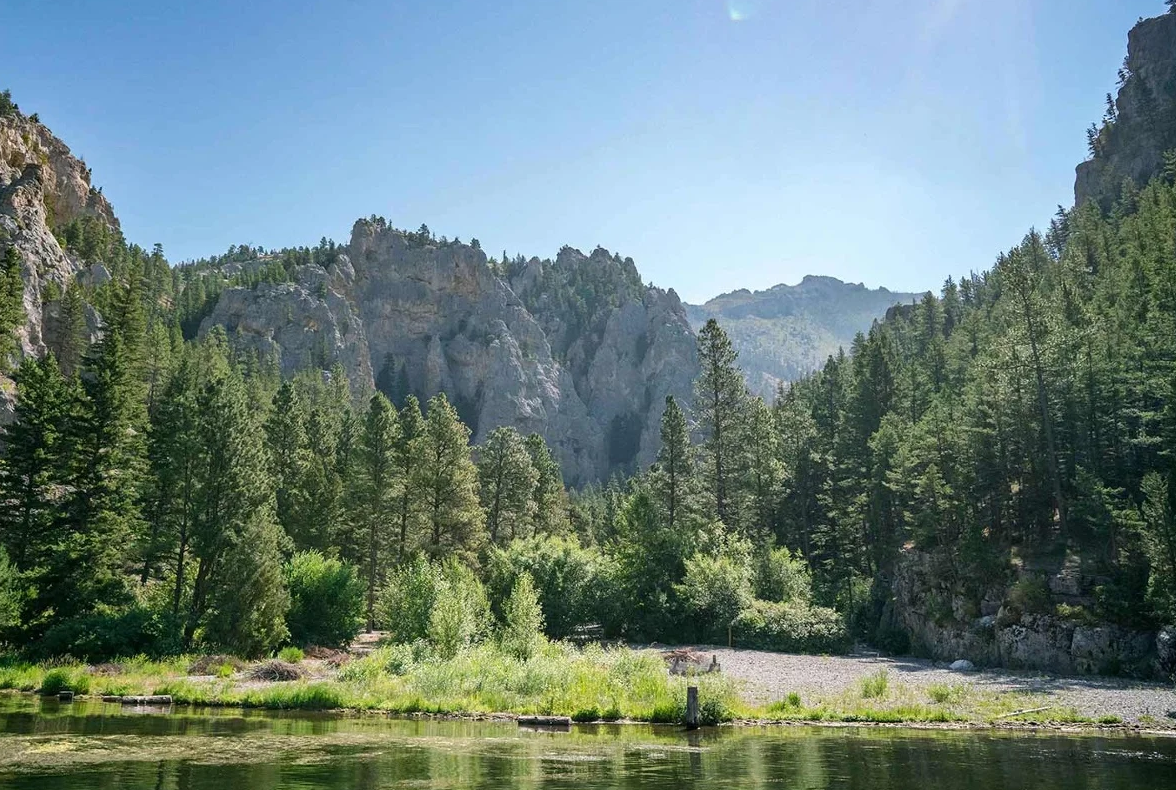 There is a lake in the middle of a forest with mountains in the background.