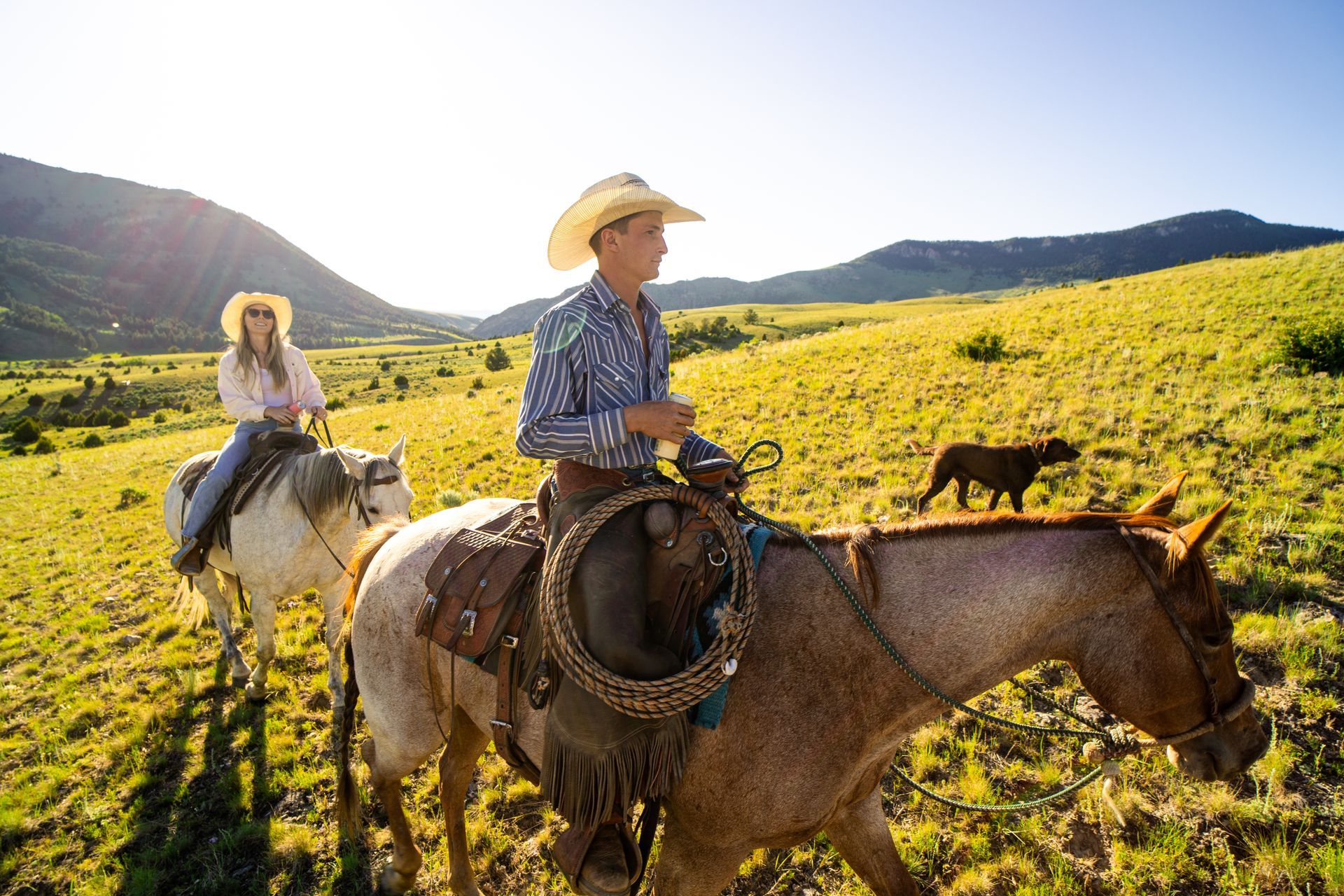 A man and a woman are riding horses in a field.